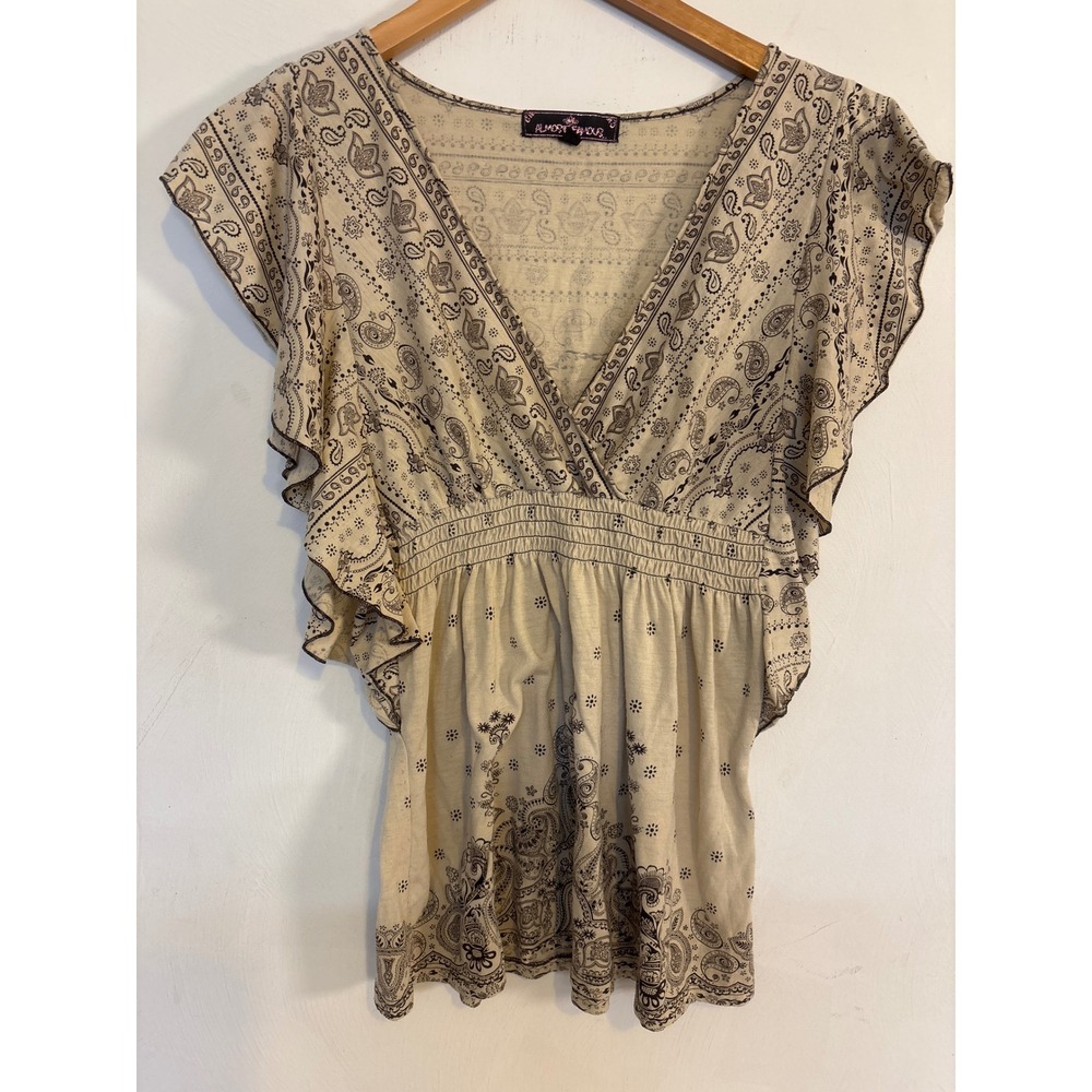 Almost Famous Paisley Bandana Print Smocked Babydoll Top Beige Brown XL